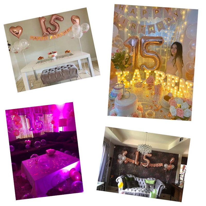 EASUTE 40Inch 15 Balloons Number Birthday Decorations, 15th Birthday Decorations for Girls with Rose Gold Banner Confetti Balloons 1" in Diameter Heart Confetti for 15 Birthday Party Supplies Photo Props - Image 4